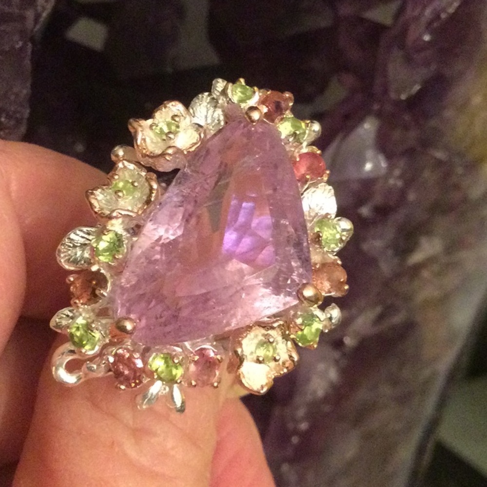 Magnificent Huge Genuine Kunzite & Tourmaline Ring, Rare Dreamscape Facet - Picture 11 of 12